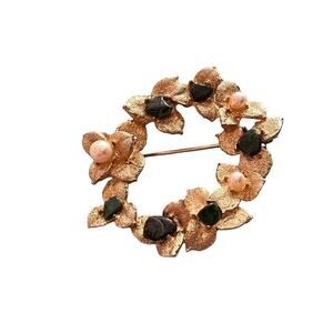 Vintage Swoboda Jade and Real Pearl Floral Wreath Brooch Pin